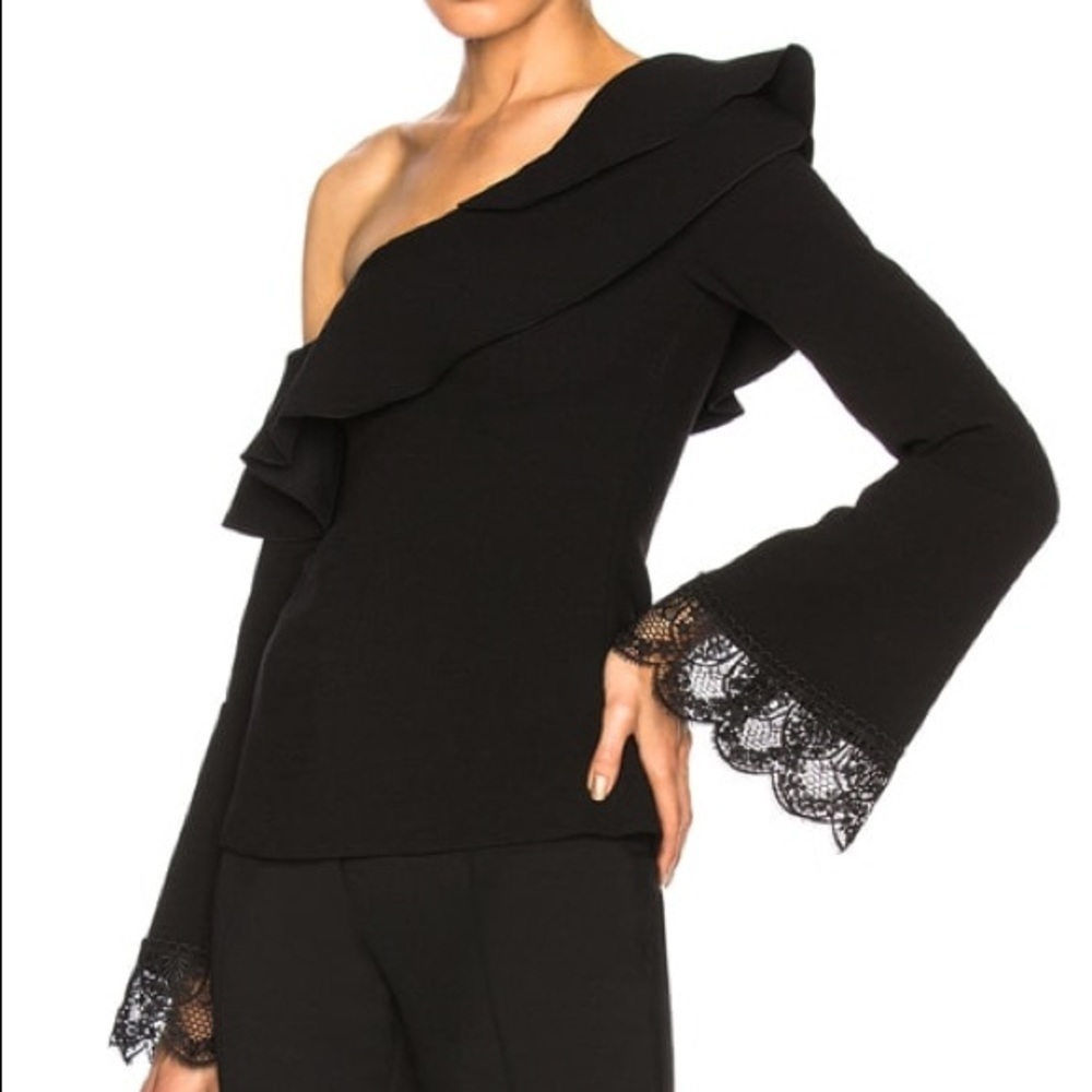 Black One Shoulder Ruffle Lace Trim Bell Sleeve Blouse Top - Picture 3 of 11